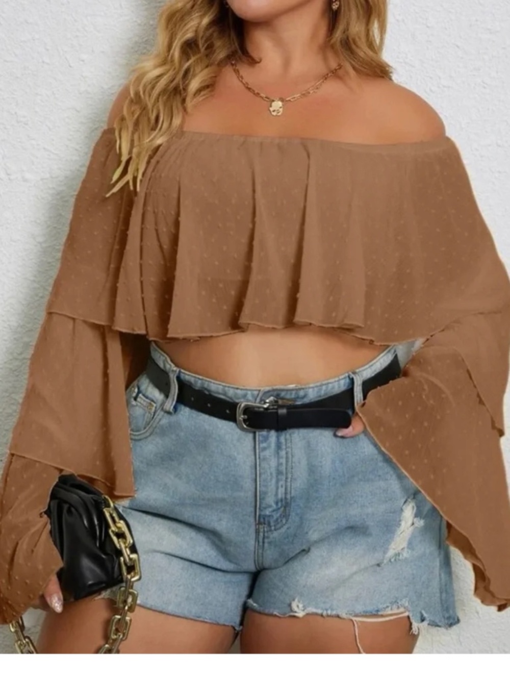 Shein Curve Swiss Dot Tan Ruffle Tiered Bell Sleeve Off Shoulder Crop Top